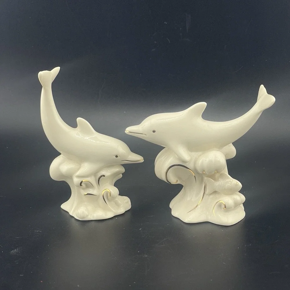 Lenox Dive Dancing Dolphins Ivory Porcelain 24 Karat Gold Figurines Set Lot of 4